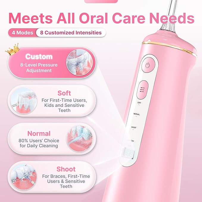 Water Flosser for Teeth, Cordless Oral Irrigator Portable Dental Cleaner Picks with 8 DIY Modes 7 Jets 300ml Tank Braces Flossers Rechargeable (Pink)