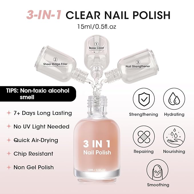 GELLEN Tinted Nude Ridge Filler For Nails, Clear Nail Polish Ridge Filling Base Coat, Nail Strengthener and Growth, Hydrates Strengthens Nourishes Damaged Dry Nails, Shea Butter & Vitamin E & Protein