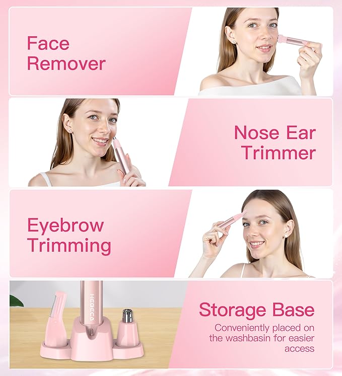 Nose Hair Trimmer for Women 3in1 Facial Hair Removal Trimmers- Rechargeable, Waterproof, Portable with Travel Bag- Trims Nose, Ear, Eyebrow, Peach-Fuzz, Lips, Chin Face Hair Remover (Rose Pink)