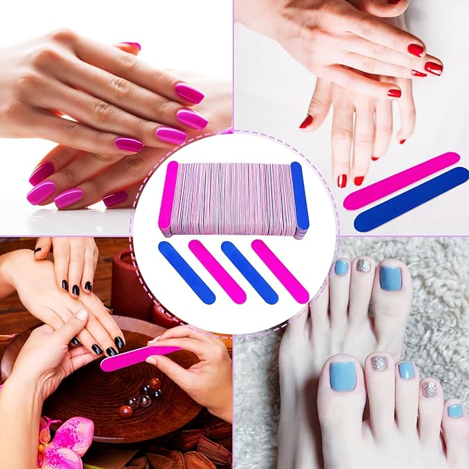Emery Boards for Nails, 100 Pcs Nail Files for Nature Nails Small Disposable Double Sided Colorful Nail File Bulk for Home Salon Travel Size Mini Manicure Kit for Men Women Kids Wood Emory Pink/Blue