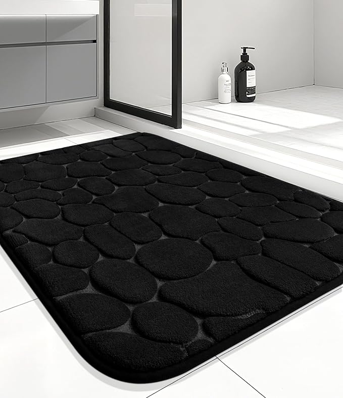 YIHOUSE Bathroom Mat Rug, Memory Foam Bath Mat, Non-Slip Bathroom Floor Mats, Cobblestone Bath Mats Absorbent Bath Rugs Washable Quick Dry (17x24,Black)