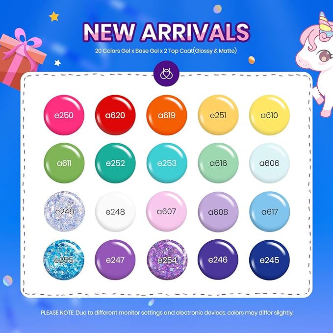 Beetles Christmas Gel Nail Polish Set, 24 Pcs Purple Blue Hot Red Gel Nail Polish Green Glitter Gel Polish Unicorn Collection Soak off UV with Glossy & Matte Top Base Gift for Women