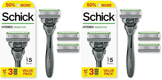 Schick Hydro Sensitive Razor, 5 Blade, 1 Handle with 3 Cartridges | For Men | For Sensitive Skin | Refillable