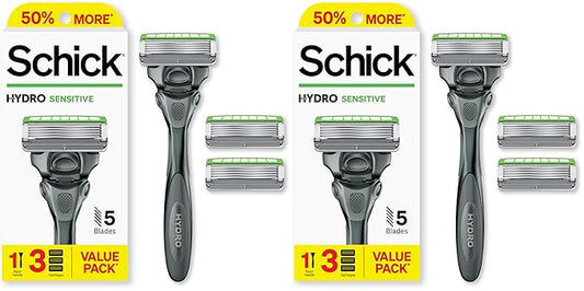 Schick Hydro Sensitive Razor, 5 Blade, 1 Handle with 3 Cartridges | For Men | For Sensitive Skin | Refillable