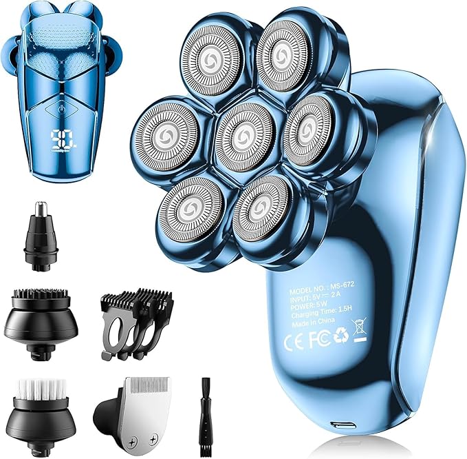 SHPAVVER Head Shavers for Bald Men: 5-in-1 Electric Razor - IPX7 Waterproof Shaving Grooming Kit for Balder - Turbo Speed & Precision Blades (Dark Blue)