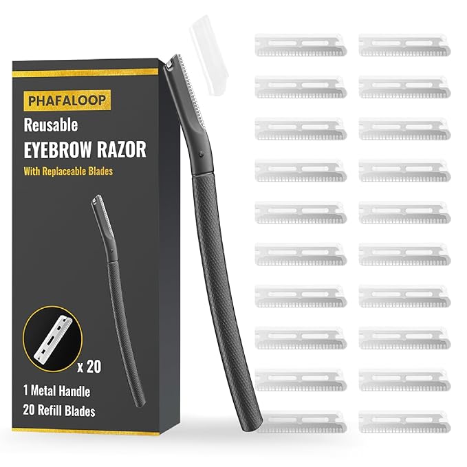 Facial Razor for Women with 20 Refill Blades, Eyebrow Razor and Dermaplaning Tool for Face Exfoliation & Peach Fuzz Removal, Precision Eyebrow Trimmer with Reusable Metal Handle – Black