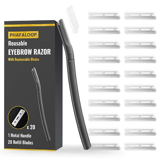 Facial Razor for Women with 20 Refill Blades, Eyebrow Razor and Dermaplaning Tool for Face Exfoliation & Peach Fuzz Removal, Precision Eyebrow Trimmer with Reusable Metal Handle – Black