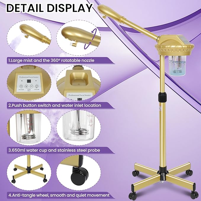 Facial Steamer, Professional Facial Steamer for Estheticians, Hot Mist & Timer Function, Ozone Face Steamer on Wheels for Spa, Salon and at Home Use