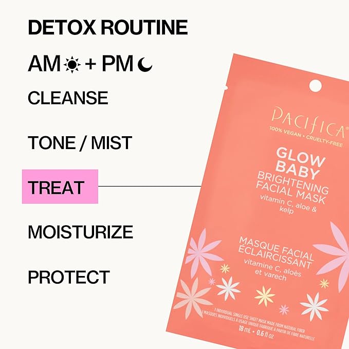 Pacifica Sheet Face Mask - 6 Pack - Glow Baby Brightening Facial Mask w/Vitamin C, Aloe & Kelp – Cooling Mask for Dark Spots & Fine Lines - Clean Beauty Vegan & Cruelty-Free Dermatologist Tested