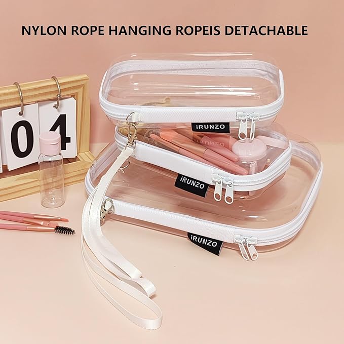 3 PCS Clear Hard Shell Zipper Case With Handle Strap，Clear Plastic Waterproof Cosmetic Makeup Bags Toiletry Pouches for Travel With Double Zipper，Kid's Toy Storage Organizer Bins Box