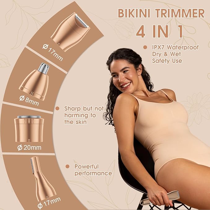 Bikini Trimmer & Hair Clippers for Women - Waterproof Electric Razor and 4 in 1 Bikini Shaver Set, Deluxe Hair Trimmer, Wet/Dry Body Shaver for Nose Eyebrows Beard Pubic Hair, White