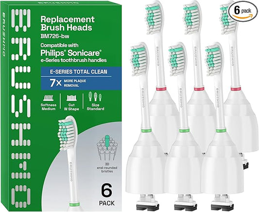 Brushmo e-Series Total Clean Replacement Toothbrush Heads, Compatible with Philips Sonicare Screw-on Electric Toothbrush Handles, 6 Standard Heads, Medium Firm Dupont Bristles, BM726-bw, White