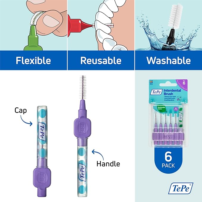 TePe Interdental Brush Original, Soft Dental Brush for Teeth Cleaning, Pack of 6, 1.1 mm, Large Gaps, Purple, Size 6