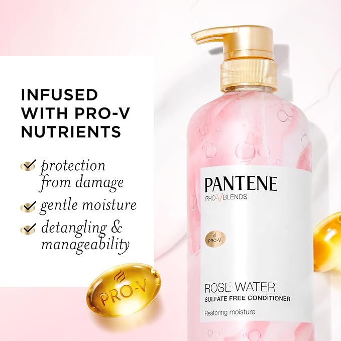 Pantene Rose Water Conditioner, Soothes, Replenishes Hydration, Safe for Color Treated Hair, Nutrient Infused with Vitamin B5 and Antioxidants, Pro-V Blends, 30.0 oz