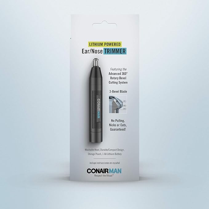 ConairMan Nose Hair Trimmer for Men, For Nose, Ear, and Eyebrows, Patent 360 Bevel Blade for No Pull, No Snag Trimming Experience, Cordless Lithium-Powered Trimmer with Drawstring Bag