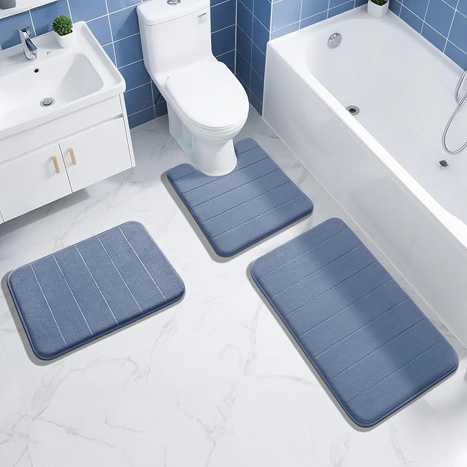 Yimobra Memory Foam Bath Mat, Super Soft Absorbent Bathroom Rug Non Slip, Quick Dry, Machine Washable Floor Carpet for Tub Shower, Home Decor Accessories, 24x17, Denim Blue