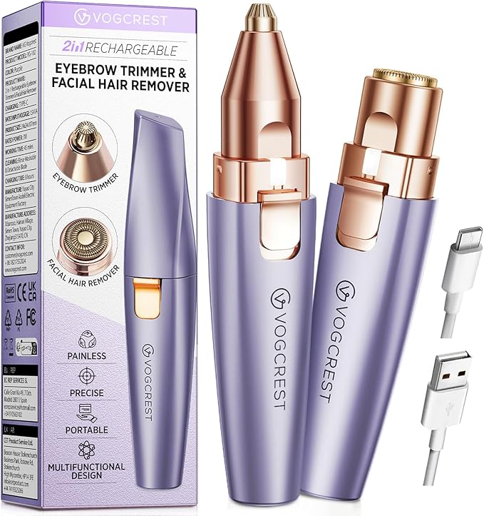 VG VOGCREST Eyebrow & Facial Trimmer: 2-in-1 Rechargeable Facial Hair Removal & Eyebrow Shaver - Painless Razor with Built-in LED Light (Solar Purple)