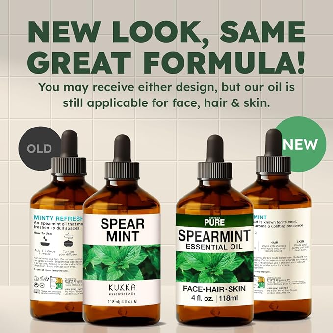 KUKKA Spearmint Essential Oils - 4 Fl Oz - for Hair, Skin, Diffuser, Aromatherapy & DIY Soap Making Scent