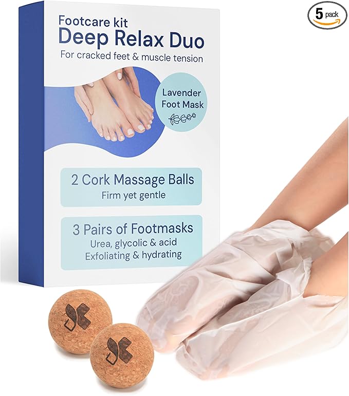 YogaMedic 3 Foot Masks for Dry Cracked Feet & 2 Cork Balls for Massage - Set of Exfoliating & Hydrating Feet Mask & Lightweight Trigger Point Yoga Balls, Foot Peeling Mask & Exercise Ball, Women & Men