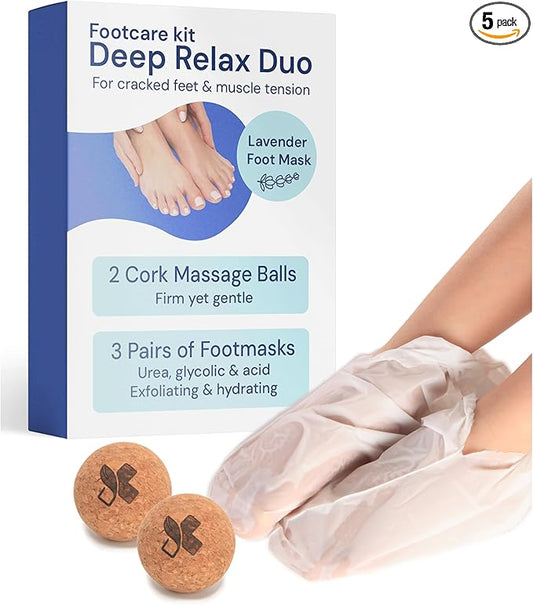 YogaMedic 3 Foot Masks for Dry Cracked Feet & 2 Cork Balls for Massage - Set of Exfoliating & Hydrating Feet Mask & Lightweight Trigger Point Yoga Balls, Foot Peeling Mask & Exercise Ball, Women & Men