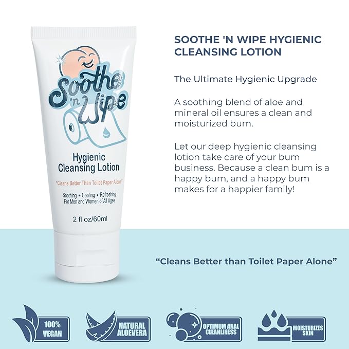 SOOTHE 'N WIPE Hygienic Cleansing Lotion, Flushable Wipe Alternative with Aloe & Moisturizers, Toilet Paper Moistener for Clean, Soft & Smooth Bum Butt Cleaner Sanitizing Lotion for Bathroom 2 Oz