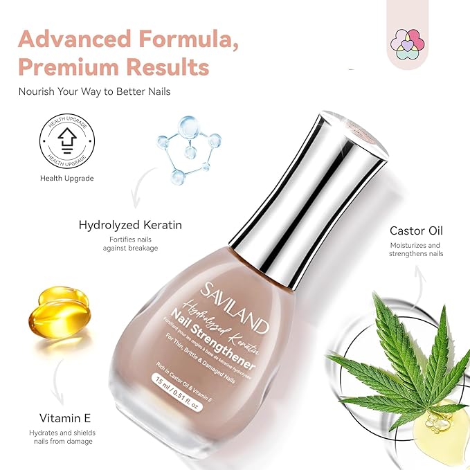 SAVILAND Nail Strengthener: Jelly Nude Nail Growth for Damaged Nails Air Dry Natural Concealer Foundation Polish 15ml Strengthening Polish Repair Weak & Thin Nails Fingernail Nail Care Gifts for Women