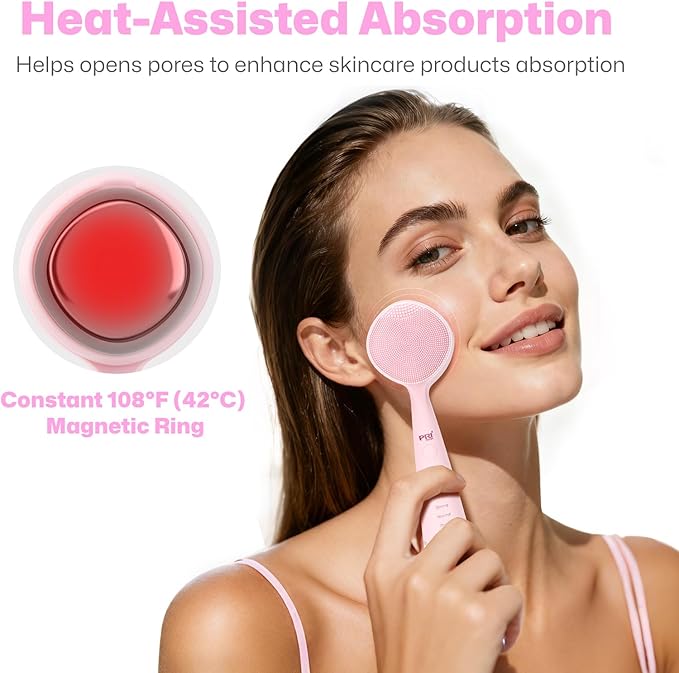 PRITECH Facial Cleansing Brush, Rechargeable Silicone Face Scrubber with Constant-Temperature Heating, Vibrating Exfoliator Scrubber for Deep Pore Cleaning, Waterproof Face Brush for Women & Men -Pink