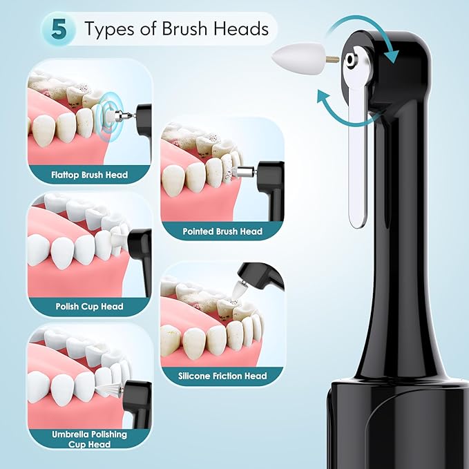Tooth Polisher, Rechargeable Teeth Polisher with 5 Brush Heads, 4 Speed Modes, Tooth Whitening for Cleaning and Polishing, LED Light, 3 Polish Pastes, IPX6 Waterproof Teeth Cleaning Tools, Black