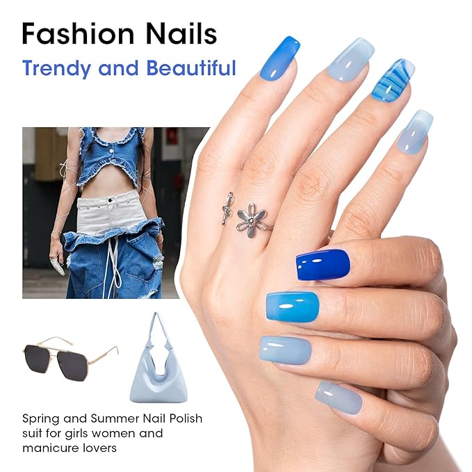 Gellen Blue Jelly Nail Polish, Sheer Nail Polish Quick Dry Summer 6 Colors Blue Glitter Set, Natural Traditional Regular Nails Polish for Acrylic Natural Nails Home Salon, No Gel, Hema Free, Non-toxic