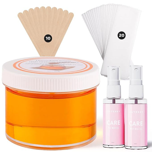 Sugar Wax Kit Suagring Kit: 300g/10.6oz Organic Sugaring Paste for Body Hair Removal - Includes Wax Strips & Sticks, Pre and Post Care Oils