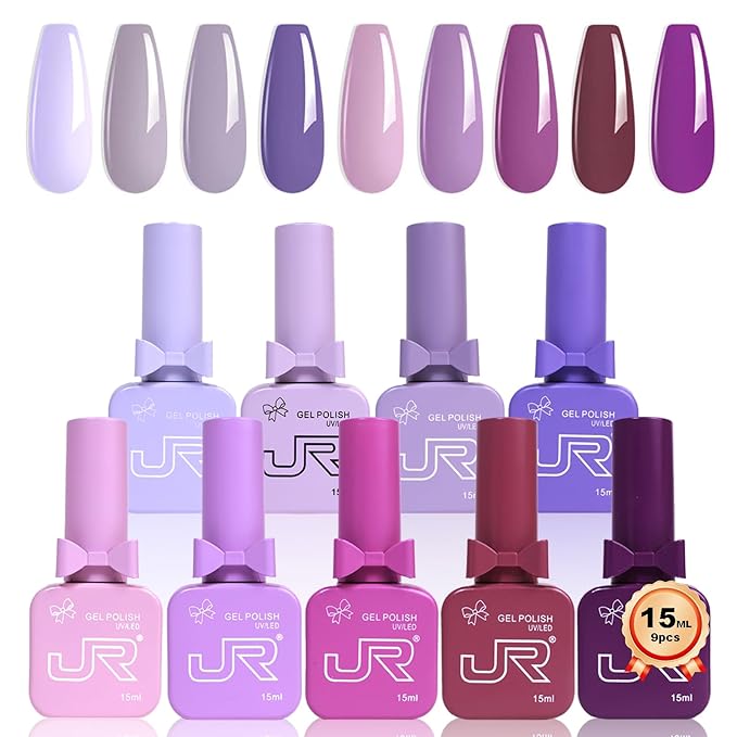 JR 9pcs 15ml Gel Nail Polish Set Including Lavender Purple Gel Polish Kit UV LED Soak Off Polish Home DIY Gift Purple Set