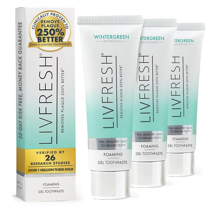 LIVFRESH Toothpaste Gel, Clinically Proven to Remove Plaque 250% Better, Improves Gum Health 190% Better, Prevents & Reduces Tartar, Freshens Breath, SLS Free Dental Gel, Wintergreen, 3 Pack
