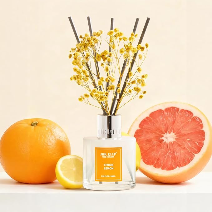 Airkeep Reed Diffuser Set,3.38 fl oz (100 ml) - Citrus Lemon Oil Diffusers with 8 Reed Sticks, Home Fragrance Reed Diffuser for Bathroom Shelf Decor