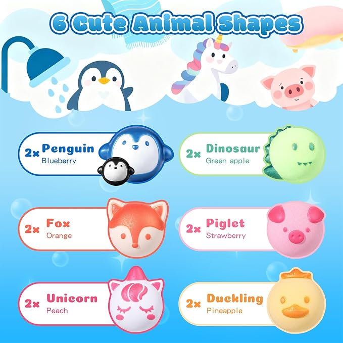 Aofmee Bath Bombs for Kids, 12 Pcs Kids Bath Bombs with Essential Oil, 6 Animal Shapes and Fruity Aroma, Natural Organic Spa Gift Set for Boys Girls, Birthday Christmas Halloween