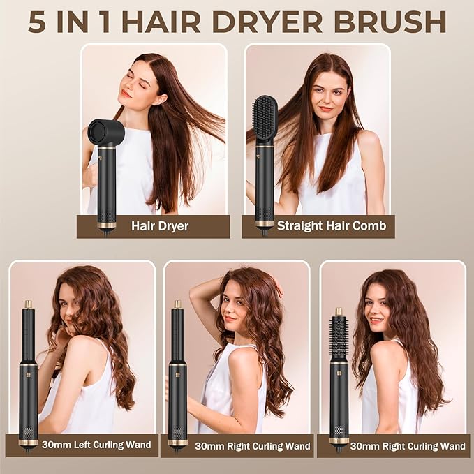 5 in 1 Hair Dryer Brush Set, Air Curler Wrap Hair Styler Blow Dryer Brush with 3 Temps, Upgrade Negative Ion Hot Air Brush Curling Brush Iron, Hair Styling Tools for Dry Curl Straighten