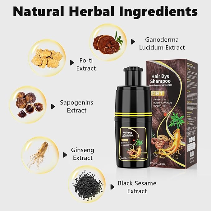Dark Brown Hair Dye Shampoo 3 in 1, Herbal Ingredients Hair Color Shampoo for Cover Grey Hair, Hair Dye for Men and Women