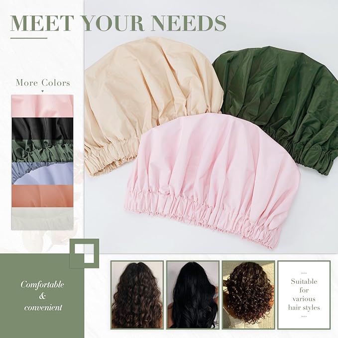 Reusable Shower Cap for Women, Large Waterproof Shower Essentials Bonnet Washable Elastic Band Bath Hair Wrap Hat for Long Hair, Braids(Champagne)