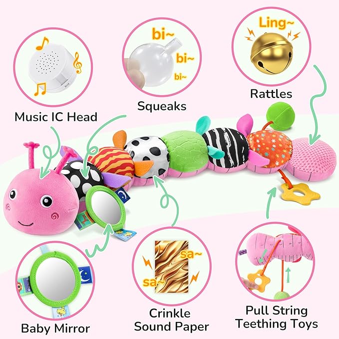 Baby Toys 6-12 Months Music Caterpillar Infant Toys Stuffed Animals 0-3-6 Months Teething Tummy Time Sensory Toys with Mirror Rattle&Pull String for Boys Girls Birthday Gifts|Candy Pink,Leafy