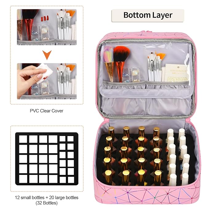 Ethereal Nail Polish Organizer Case, Holds 32+ Bottles(15ml/0.5fl.oz) and Nail Lamp, Double Layer Nail Polish Storage Bag for Nail Kit, Manicure Tools, Gifts for Girls