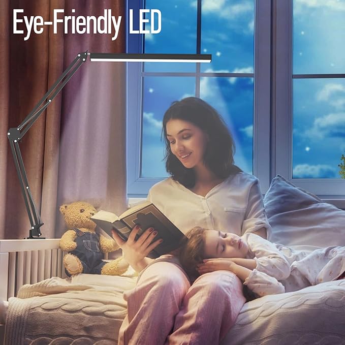 LED Desk Lamp, Manicure Table Lamp, Eye-Caring Drafting Light, Dimmable Office Table Lamp with 3 Color Modes, 10 Brightness Levels & Adapter, Memory Function(Black)