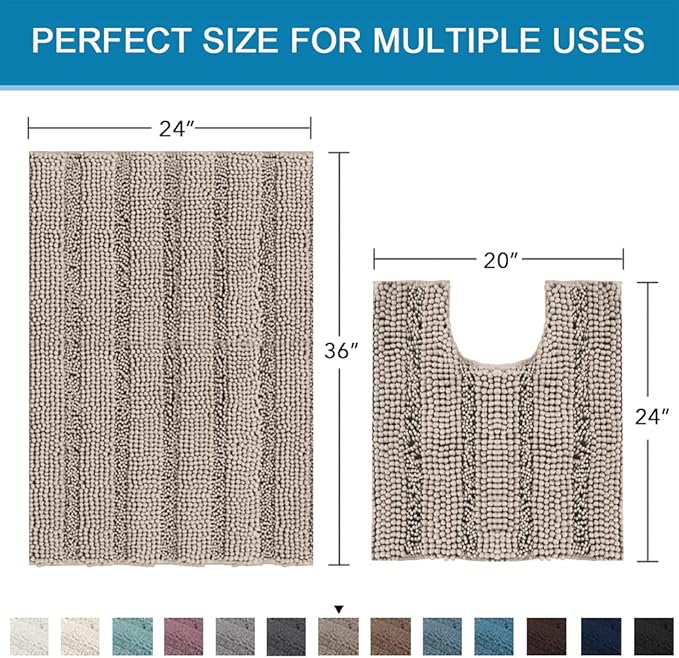 H.VERSAILTEX Bathroom Rugs Bath Rug Set 2 Piece Bathroom Contour Rug Toilet Mat Sets Non Slip Contour Bath Rug Ultra Thick Water Absorbent Striped Bath Mats Washable(36" x 24" Plus 20" x 24" U, Taupe)