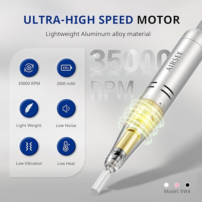 AIRSEE Professional Portable Nail Drill 35000RPM,Rechargeable Cordless Nail Drill for Manicure Salon Home, Eletric Nali E File for Acrylic Nails Gel Polishing Removing, EW4 White