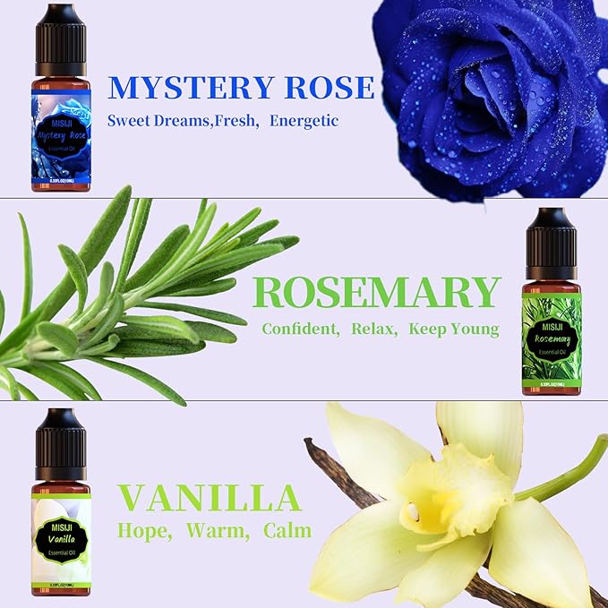 Flowers Essential Oils for Humidifier Diffuser- Cherry Blossom, Mystery Rose, Rosemary, Vanilla, Lavender, Luxury Violet,6x10mL