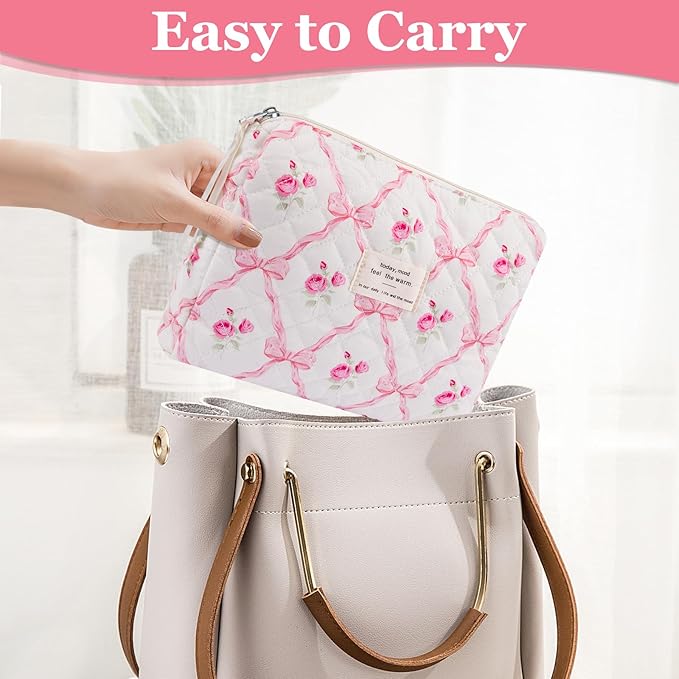 2PC Makeup Bag Set, Cute Cosmetic Bag for Women Girls, Floral Coquette Aesthetic Toiletry Bag, Travel Make Up Organizer Bag (Pink bow)