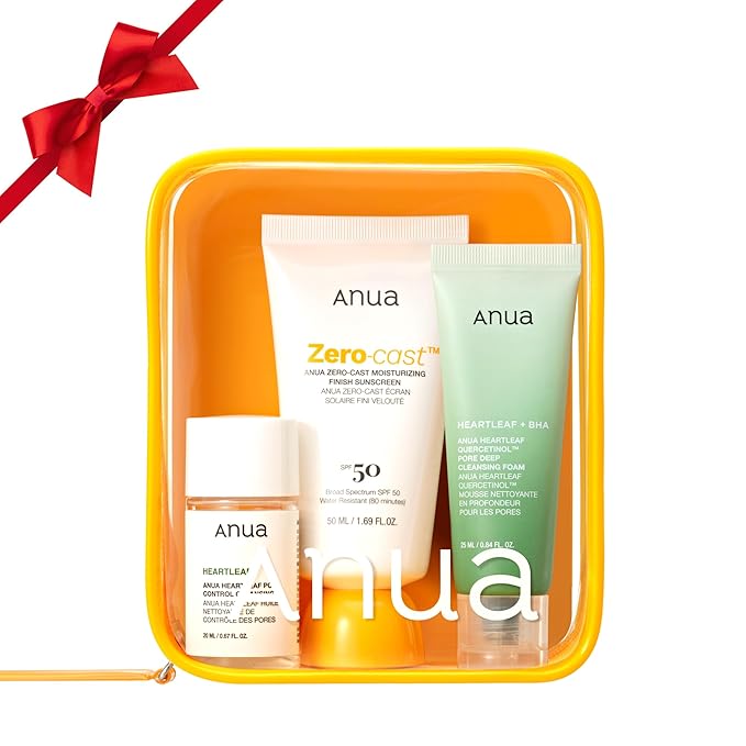 Anua Sun-Ready Travel Kit, Zero-Cast Sunscreen & Cleansing oil & Face Wash. Korean Sunscreen with Mini Size Double Cleansing routine ,Korean Skincare Set