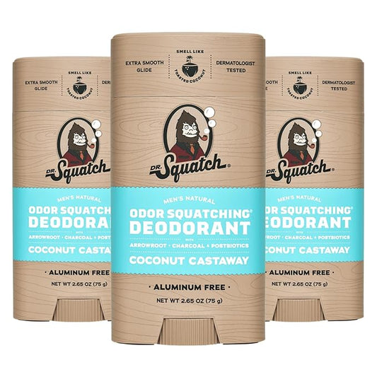 Dr. Squatch Natural Deodorant for Men - Odor-Squatching Aluminum Free - Coconut Castaway (2.65 oz, 3-Pack)