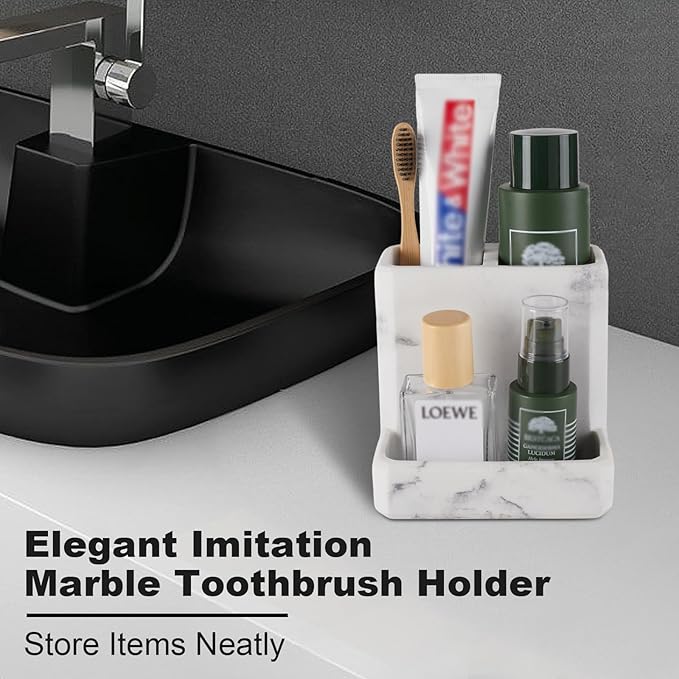 Toothbrush Holder for Bathrooms Organizer Countertop Organizer Accessories, with 3 Compartment Storage for Toothbrush Toothpaste Floss Razors, White Imitation Marble Finish Toothbrushholder03