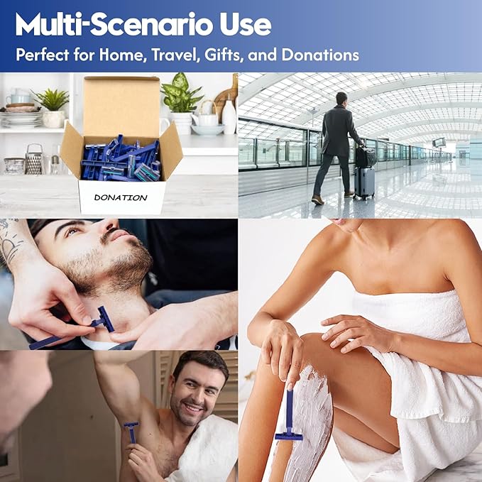 Twin Blade Disposable Razors for Men & Women – 135 Pack Bulk Stainless Steel Shavers with Lubricating Strip & Safety Cap, Non-Slip Handle for Sensitive Skin, Travel, Hotel, Charity (Blue)