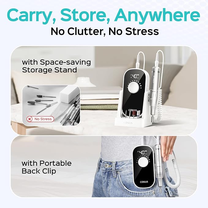 COSLUS Professional Rechargeable Electric Nail Drill 40000 RPM, Portable Nail File with Storage Stand for Acrylic Gel Polishing Removing - Easy to Use for Women, Manicure at Home DIY or Salon, White