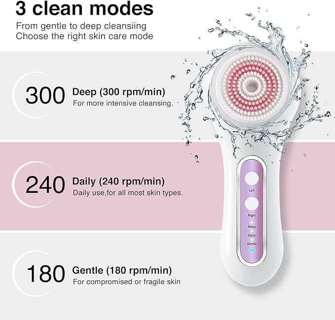 Face Scrubber Exfoliator, Rechargeable Facial Cleansing Brush with 2-Way Rotation & 3 Modes, 30-Day Runtime, 5 Brush Heads for SPA-Level Care, IPX7 Waterproof, Deep Cleaning for All Skin Types